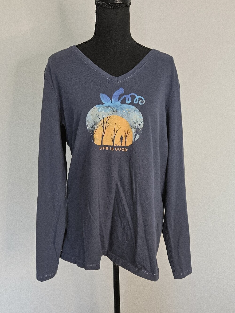 Life Is Good Long Sleeve Crusher Tee Pumpkin Motif Cotton V-neck L